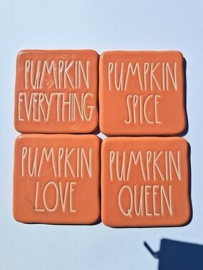 Rae Dunn Holiday Fall Pumpkin Ceramic Table Coaster 4 Set - Orange